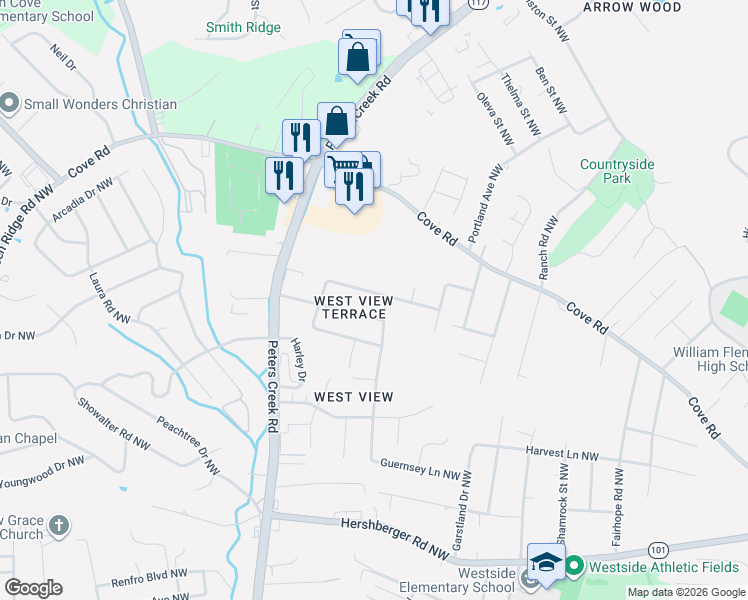map of restaurants, bars, coffee shops, grocery stores, and more near 4310 Quail Drive Northwest in Roanoke