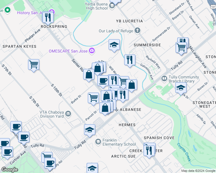 map of restaurants, bars, coffee shops, grocery stores, and more near 2268 Senter Road in San Jose