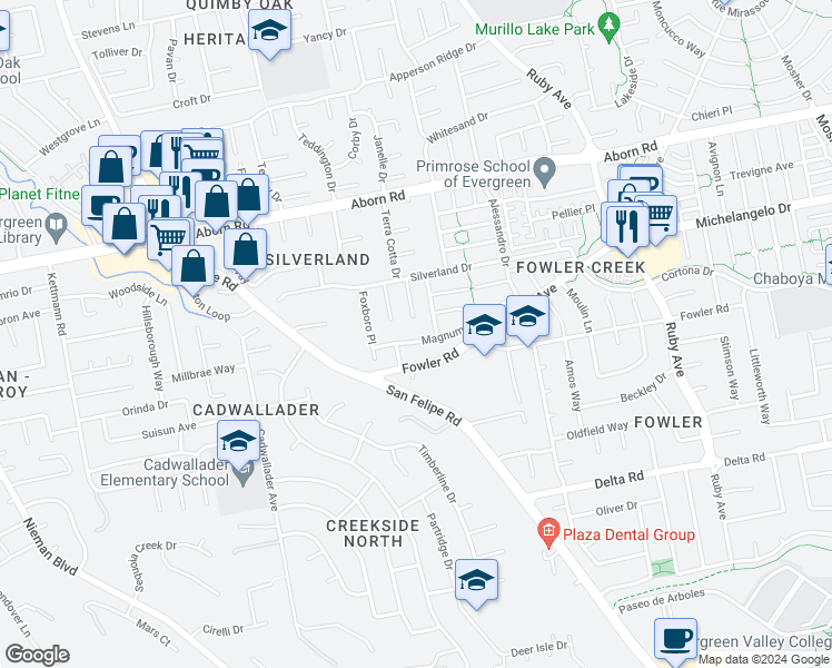 map of restaurants, bars, coffee shops, grocery stores, and more near 3007 Magnum Drive in San Jose