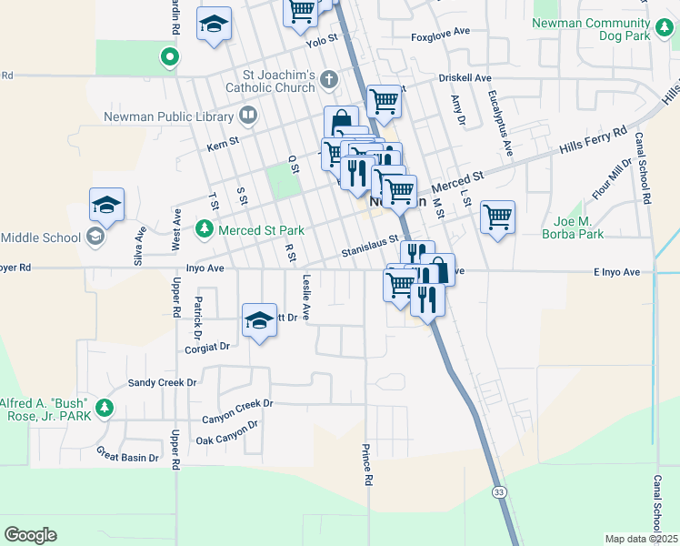 map of restaurants, bars, coffee shops, grocery stores, and more near 1904 Pine Street in Newman
