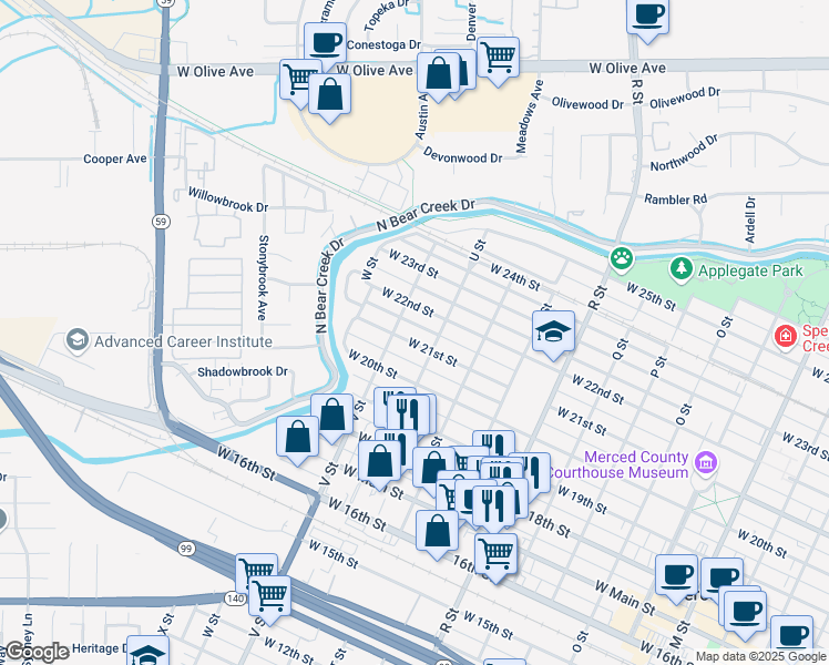 map of restaurants, bars, coffee shops, grocery stores, and more near 1429 West 21st Street in Merced