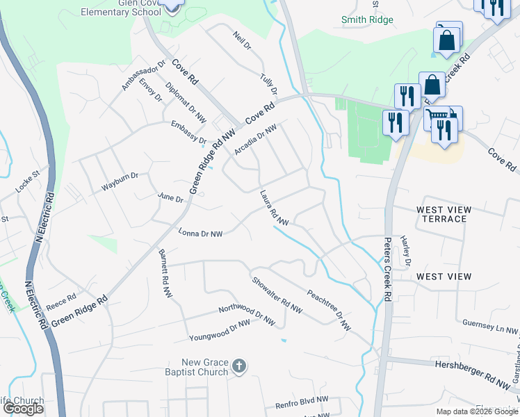 map of restaurants, bars, coffee shops, grocery stores, and more near 1518 Lonna Drive Northwest in Roanoke