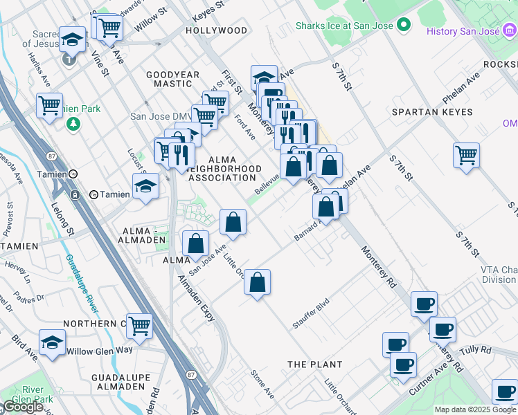map of restaurants, bars, coffee shops, grocery stores, and more near 1616 Pomona Avenue in San Jose
