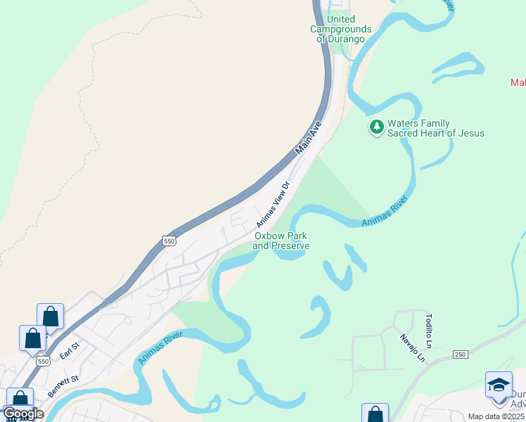 map of restaurants, bars, coffee shops, grocery stores, and more near 601 Animas View Drive in Durango