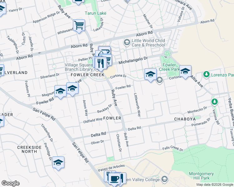 map of restaurants, bars, coffee shops, grocery stores, and more near 3169 Stimson Way in San Jose