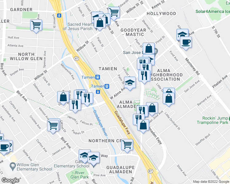 map of restaurants, bars, coffee shops, grocery stores, and more near 1375 Lick Avenue in San Jose