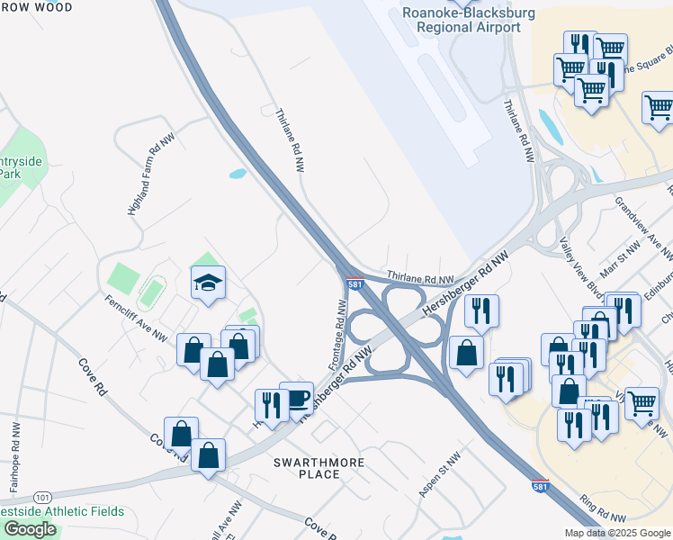 map of restaurants, bars, coffee shops, grocery stores, and more near 2705 Frontage Road Northwest in Roanoke