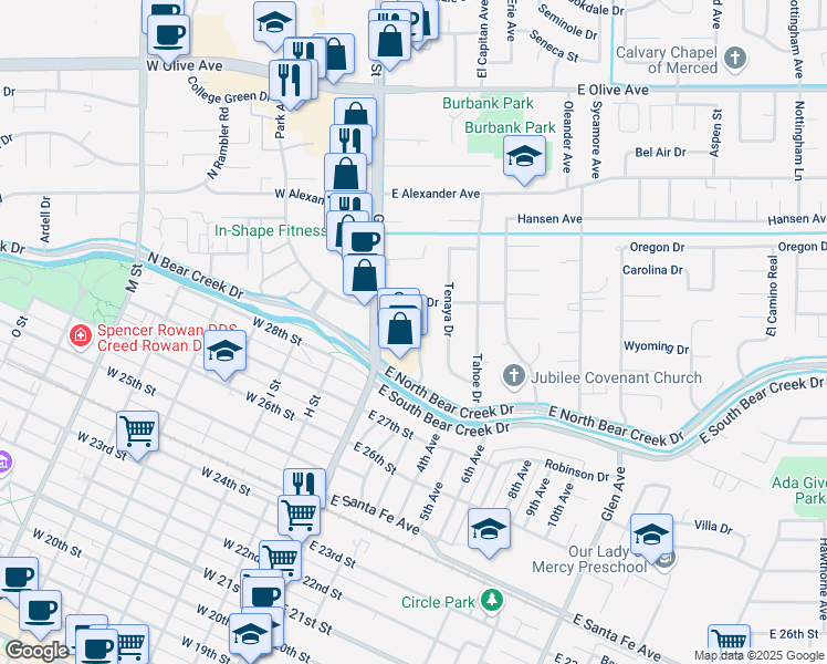 map of restaurants, bars, coffee shops, grocery stores, and more near 2833 McCombs Drive in Merced