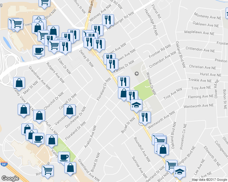 map of restaurants, bars, coffee shops, grocery stores, and more near 4303 Delray Street Northwest in Roanoke