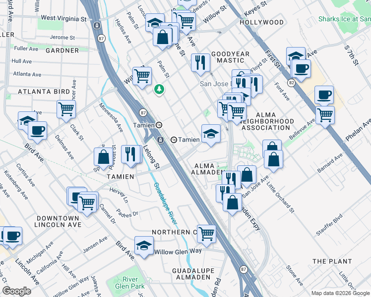 map of restaurants, bars, coffee shops, grocery stores, and more near 1375 Lick Avenue in San Jose