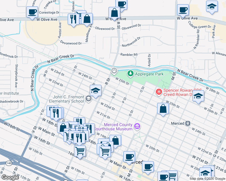 map of restaurants, bars, coffee shops, grocery stores, and more near 1022 West 24th Street in Merced