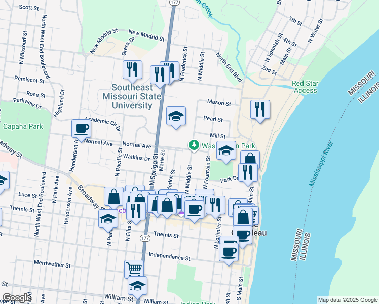 map of restaurants, bars, coffee shops, grocery stores, and more near 505 North Middle Street in Cape Girardeau
