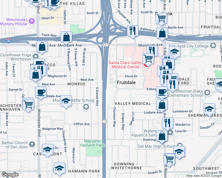 map of restaurants, bars, coffee shops, grocery stores, and more near 1151 Yarwood Court in San Jose