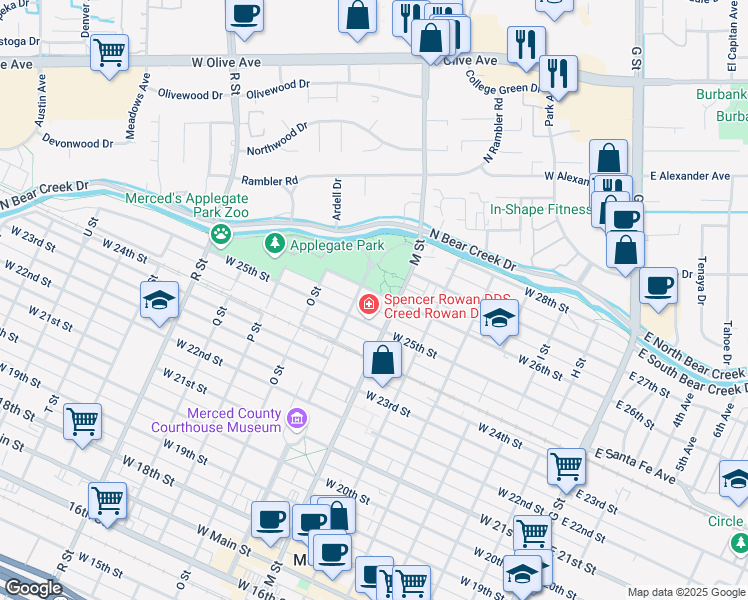 map of restaurants, bars, coffee shops, grocery stores, and more near 636 West 26th Street in Merced