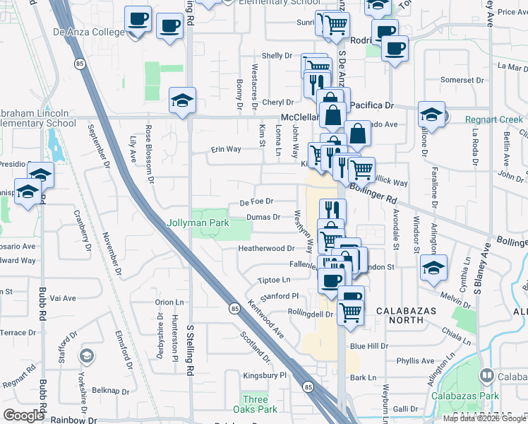 map of restaurants, bars, coffee shops, grocery stores, and more near 7537 Dumas Drive in Cupertino