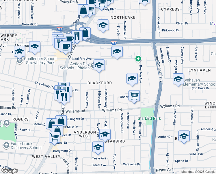 map of restaurants, bars, coffee shops, grocery stores, and more near 872 Daffodil Way in San Jose