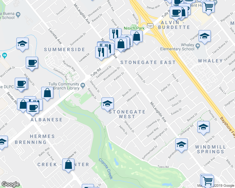 map of restaurants, bars, coffee shops, grocery stores, and more near 2504 Shilshone Circle in San Jose