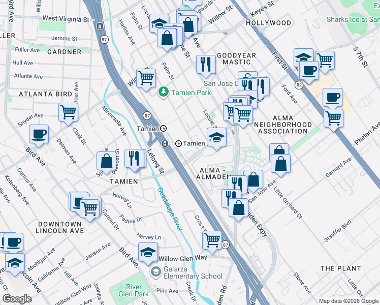 map of restaurants, bars, coffee shops, grocery stores, and more near 1375 Lick Avenue in San Jose
