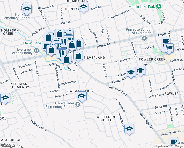 map of restaurants, bars, coffee shops, grocery stores, and more near 3500 San Felipe Road in San Jose