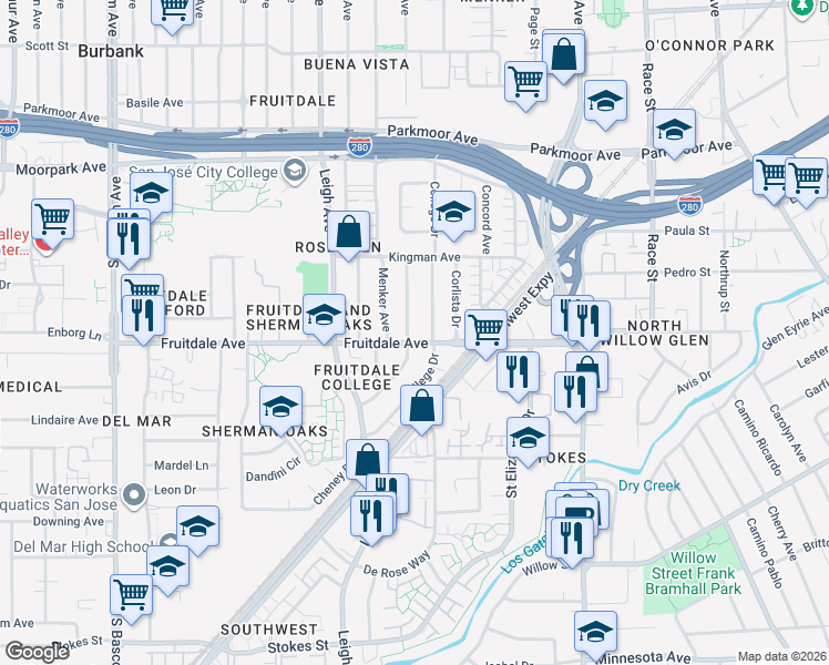 map of restaurants, bars, coffee shops, grocery stores, and more near 880 Goodwin Avenue in San Jose