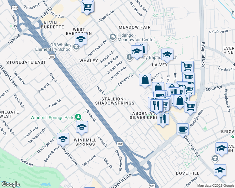 map of restaurants, bars, coffee shops, grocery stores, and more near 2874 Stallion Way in San Jose