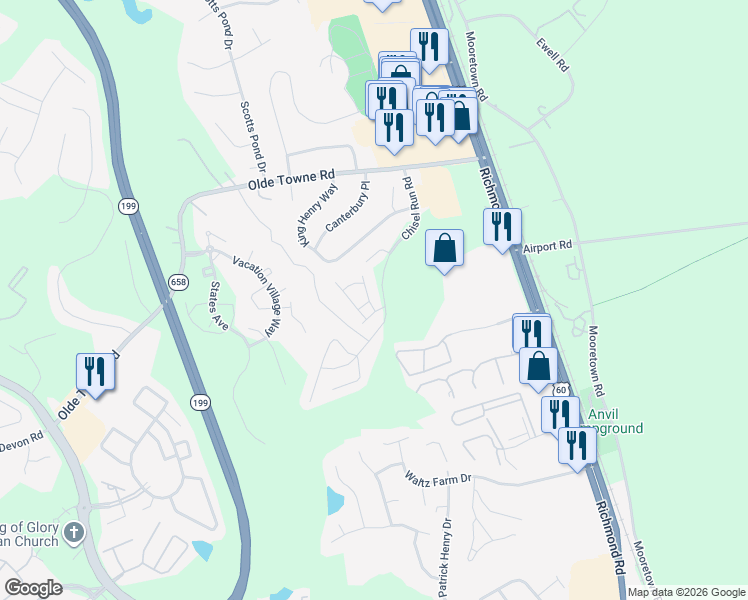 map of restaurants, bars, coffee shops, grocery stores, and more near 5406 Mary Ln in Williamsburg