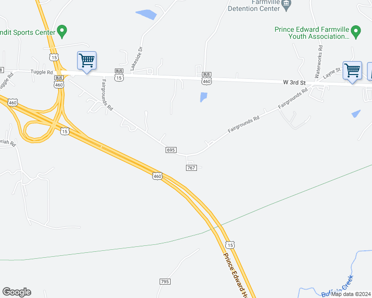 map of restaurants, bars, coffee shops, grocery stores, and more near 714 Fairgrounds Road in Farmville