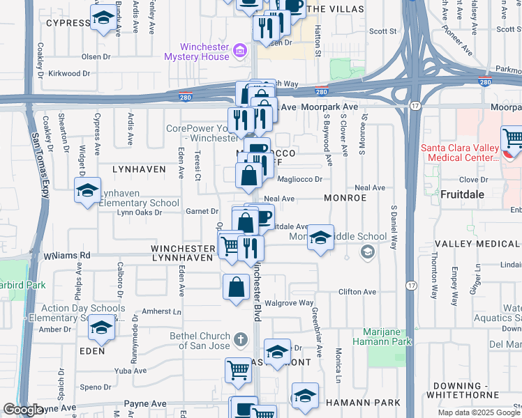 map of restaurants, bars, coffee shops, grocery stores, and more near 898 South Winchester Boulevard in San Jose