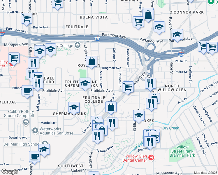 map of restaurants, bars, coffee shops, grocery stores, and more near 880 Goodwin Avenue in San Jose