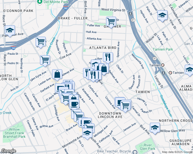 map of restaurants, bars, coffee shops, grocery stores, and more near Bird Ave & Willow St in San Jose