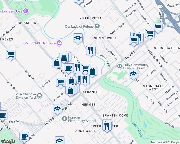 map of restaurants, bars, coffee shops, grocery stores, and more near 650 Quinn Avenue in San Jose
