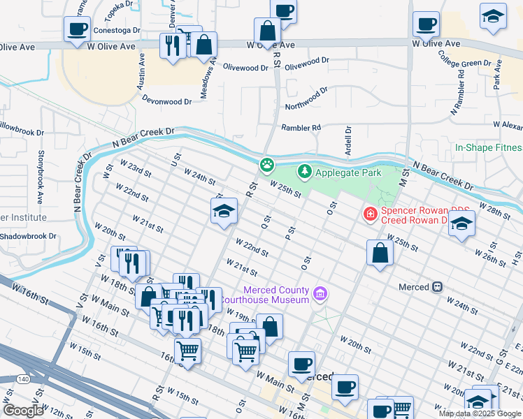 map of restaurants, bars, coffee shops, grocery stores, and more near 1022 West 24th Street in Merced