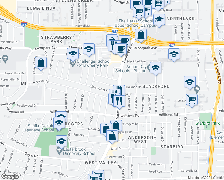 map of restaurants, bars, coffee shops, grocery stores, and more near 4253 Strawberry Park Drive in San Jose