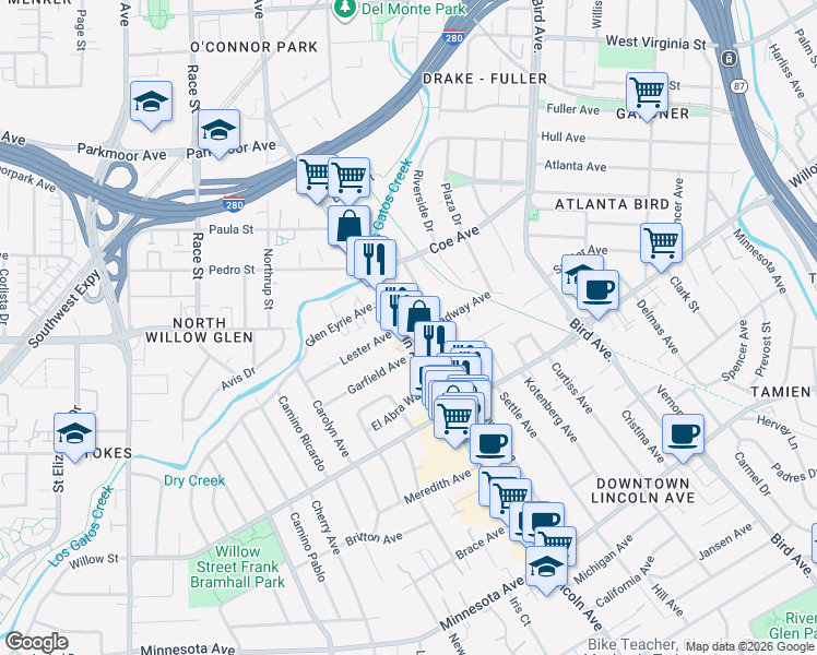 map of restaurants, bars, coffee shops, grocery stores, and more near 1092 Broadway Avenue in San Jose
