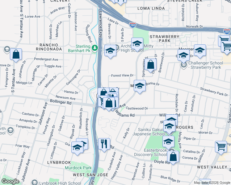 map of restaurants, bars, coffee shops, grocery stores, and more near 5126 Glentree Court in San Jose