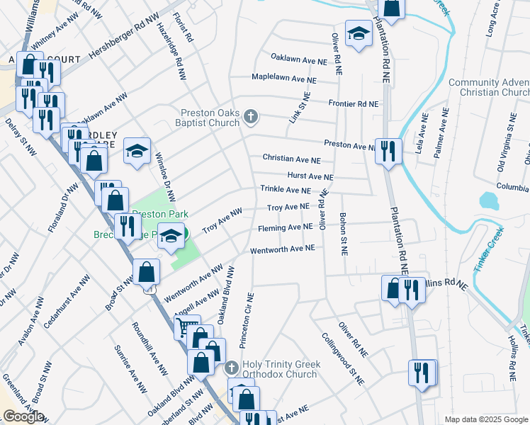 map of restaurants, bars, coffee shops, grocery stores, and more near 111 Troy Avenue Northeast in Roanoke