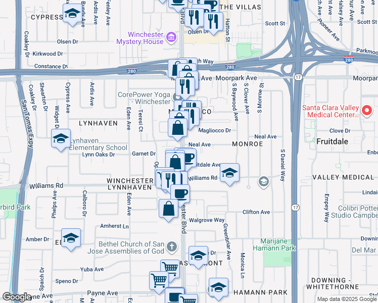 map of restaurants, bars, coffee shops, grocery stores, and more near 867 Neal Commons in San Jose