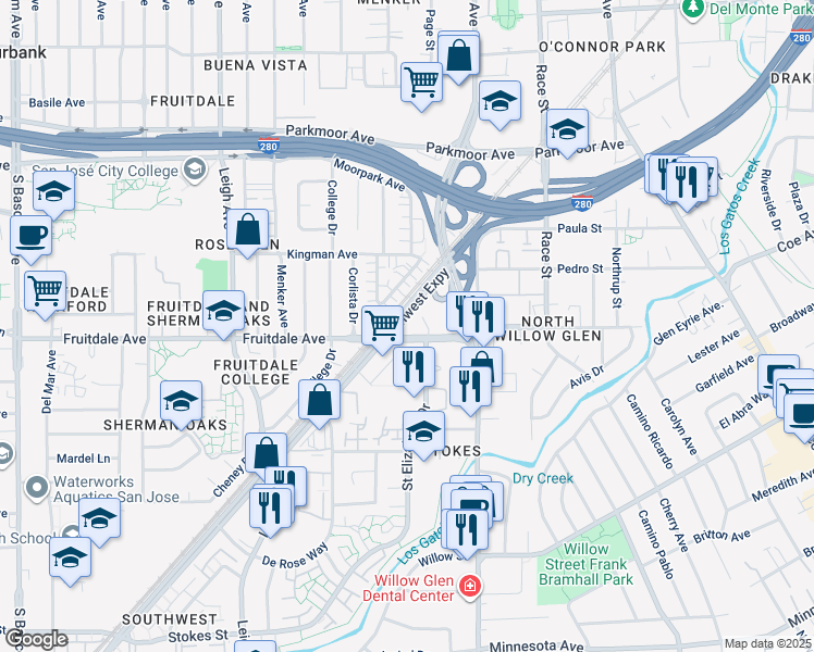 map of restaurants, bars, coffee shops, grocery stores, and more near 1445 Fruitdale Avenue in San Jose