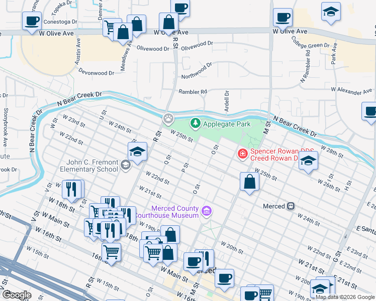 map of restaurants, bars, coffee shops, grocery stores, and more near 913 West Santa Fe Avenue in Merced