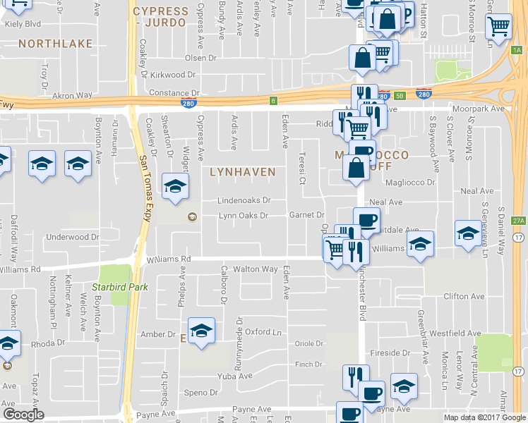 map of restaurants, bars, coffee shops, grocery stores, and more near 3315 Lynn Oaks Drive in San Jose