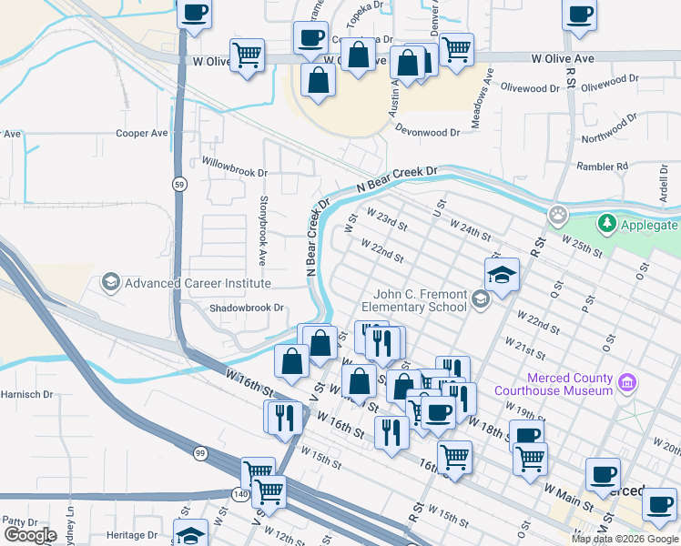map of restaurants, bars, coffee shops, grocery stores, and more near 2044 W Street in Merced