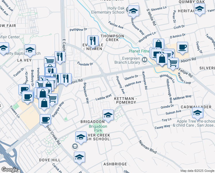 map of restaurants, bars, coffee shops, grocery stores, and more near 2050 Danderhall Way in San Jose