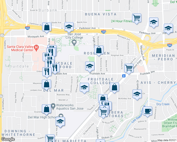 map of restaurants, bars, coffee shops, grocery stores, and more near 1865 Fruitdale Avenue in San Jose