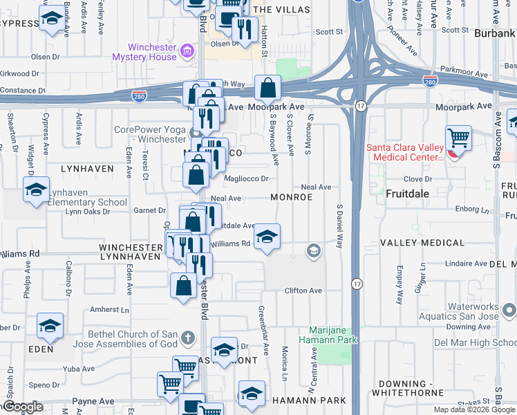 map of restaurants, bars, coffee shops, grocery stores, and more near 2974 Neal Avenue in San Jose