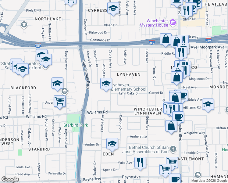 map of restaurants, bars, coffee shops, grocery stores, and more near 3465 Lynn Oaks Drive in San Jose