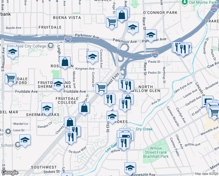 map of restaurants, bars, coffee shops, grocery stores, and more near 1445 Fruitdale Avenue in San Jose