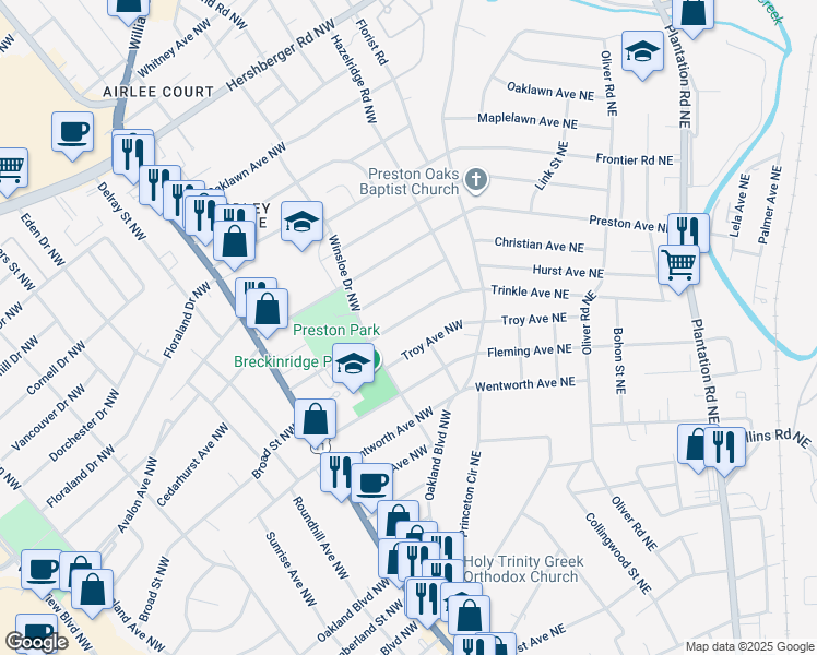 map of restaurants, bars, coffee shops, grocery stores, and more near 3235 Trinkle Avenue Northwest in Roanoke