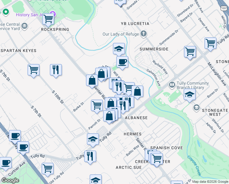 map of restaurants, bars, coffee shops, grocery stores, and more near 2268 Senter Road in San Jose