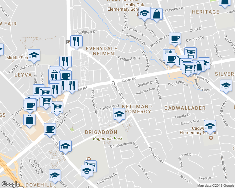 map of restaurants, bars, coffee shops, grocery stores, and more near 2050 Danderhall Way in San Jose