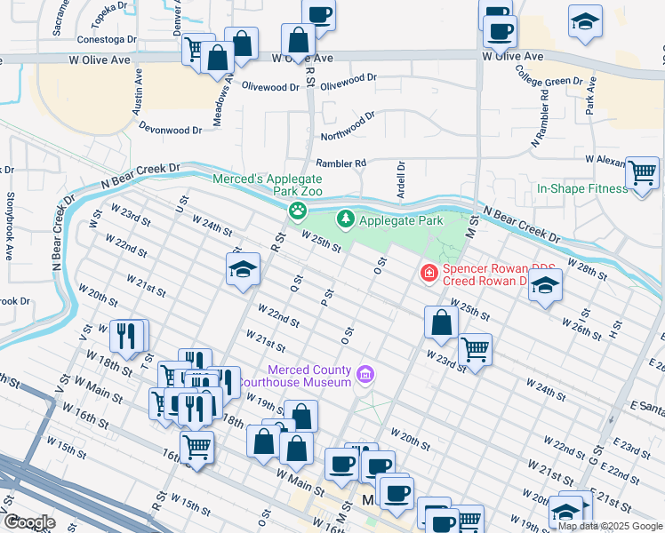 map of restaurants, bars, coffee shops, grocery stores, and more near 913 West Santa Fe Avenue in Merced